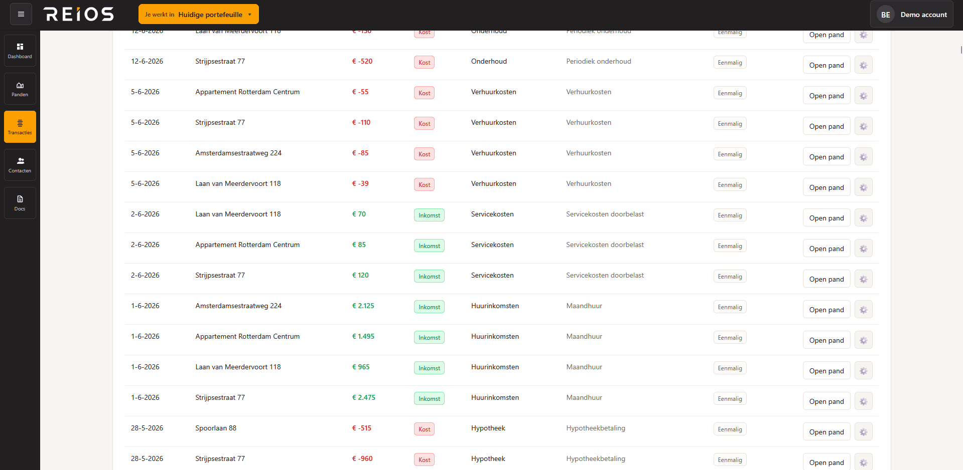 REIOS transaction overview with traceable entries